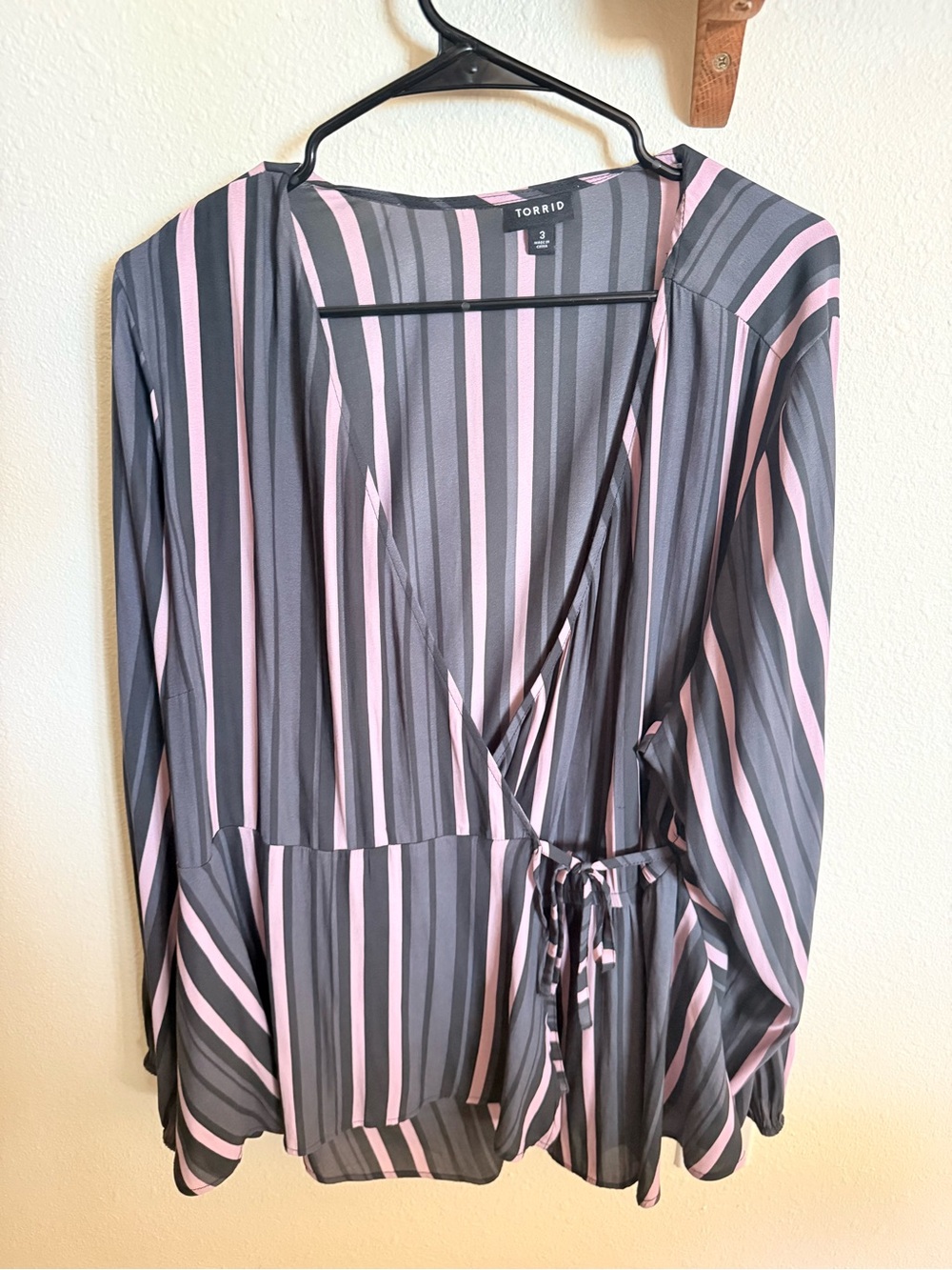 torrid Gray and Pink Vertical Stripe Wrap Top
